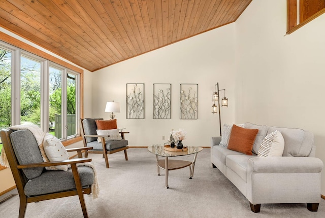 living room featuring lofted ceiling, wooden ceiling, and light carpet