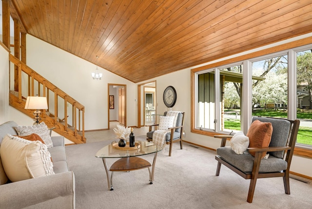 carpeted living area with stairs, vaulted ceiling, wood ceiling, and baseboards
