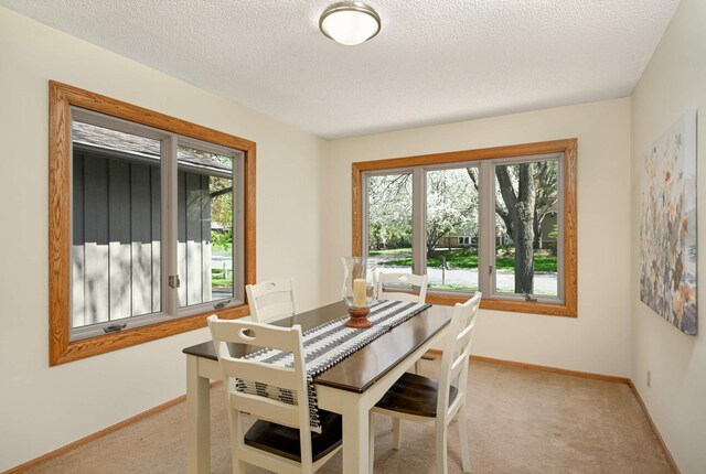 dining space featuring light colored carpet, baseboards, and a textured ceiling