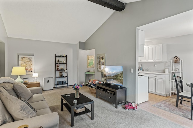 4500 Cedar Lake Rd S Unit 8, Saint Louis Park, MN 55416 - living area featuring beamed ceiling, high vaulted ceiling, light wood-style flooring, and light colored carpet