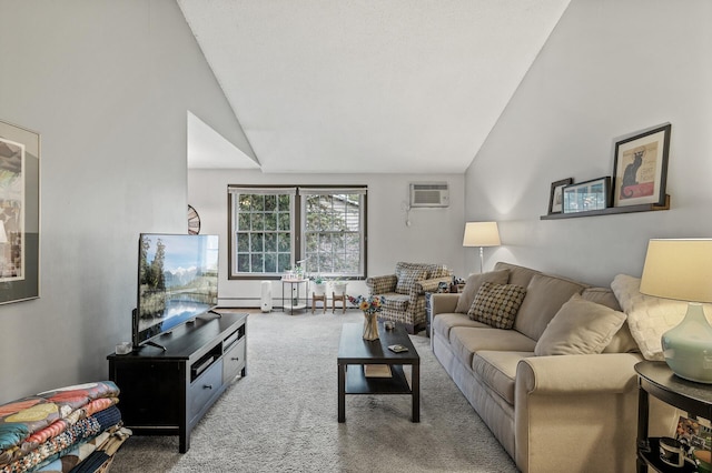 4500 Cedar Lake Rd S Unit 8, Saint Louis Park, MN 55416 - living room with carpet floors, an AC wall unit, a baseboard radiator, and high vaulted ceiling