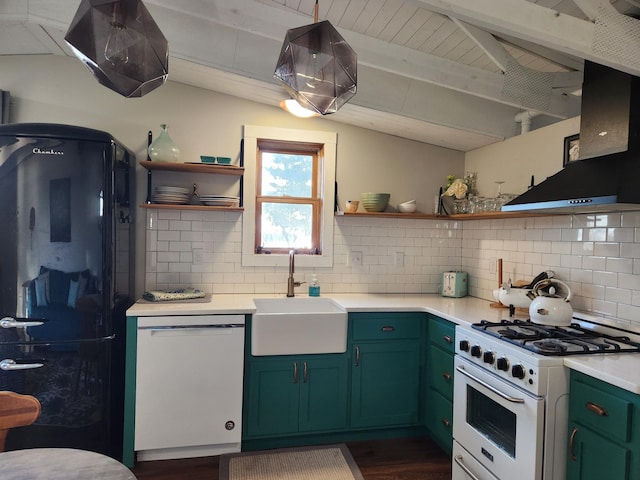 kitchen featuring range hood, a sink, lofted ceiling with beams, open shelves, and white appliances