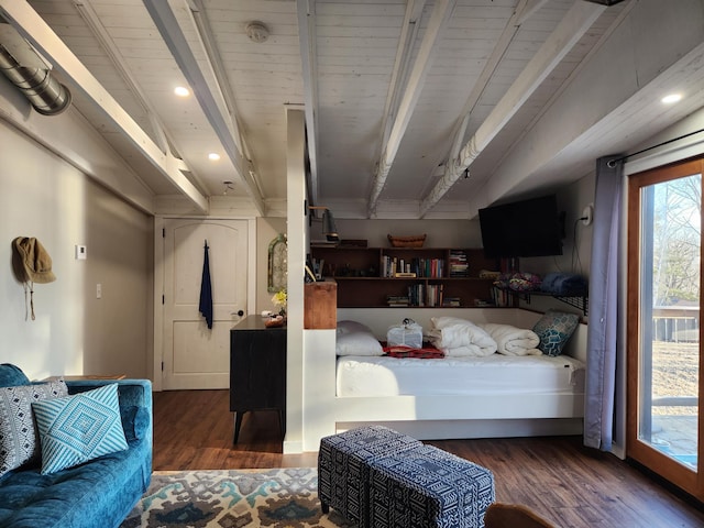 living room featuring wood finished floors, beamed ceiling, and wooden ceiling