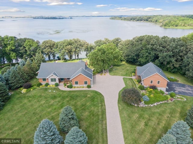 birds eye view of property featuring a water view