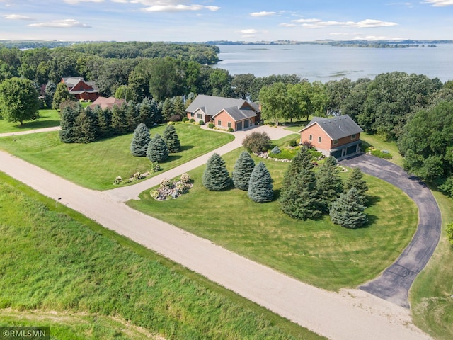 aerial view featuring a water view