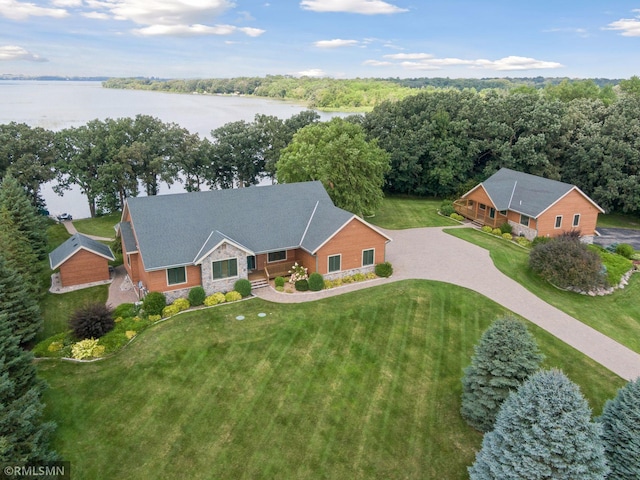 drone / aerial view featuring a water view