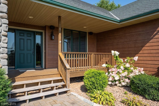 view of exterior entry featuring covered porch and a shingled roof