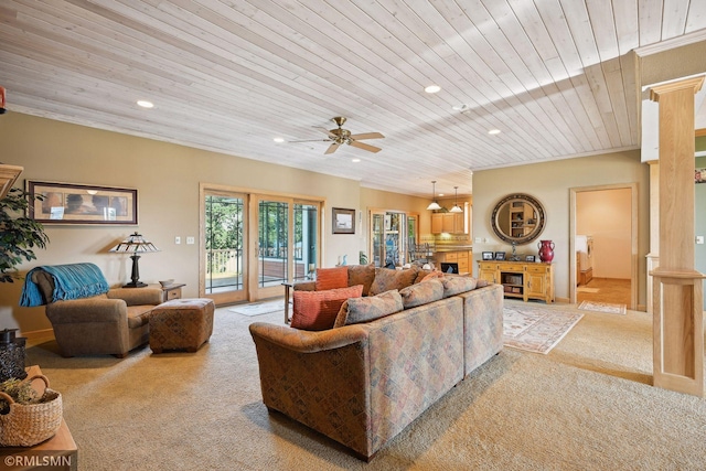 living room featuring ornamental molding, wood ceiling, light carpet, and recessed lighting