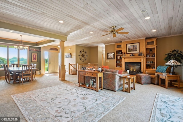 living room with wood ceiling, ornamental molding, ceiling fan with notable chandelier, and recessed lighting