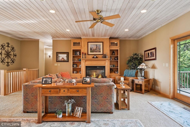 living room featuring wooden ceiling, crown molding, and light colored carpet