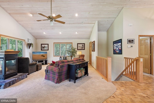 living room featuring a ceiling fan, high vaulted ceiling, recessed lighting, and wood ceiling