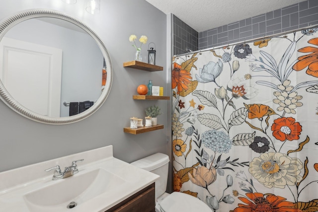 10120 189th Ave NW, Elk River, MN 55330 - bathroom featuring toilet, a textured ceiling, vanity, and a shower with shower curtain