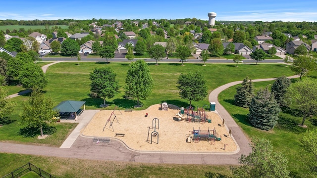 aerial perspective of suburban area with a park