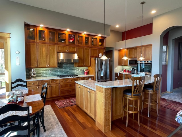 13966 346th Ct, Lindstrom, MN 55045 - kitchen with appliances with stainless steel finishes, arched walkways, backsplash, dark wood-type flooring, and under cabinet range hood