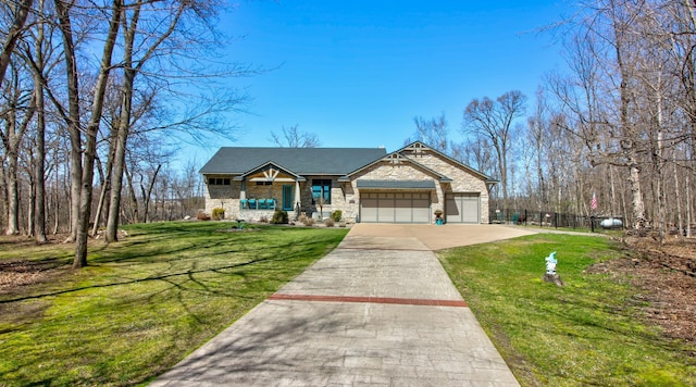 13966 346th Ct, Lindstrom, MN 55045 - craftsman-style home with an attached garage, driveway, a front lawn, and stone siding