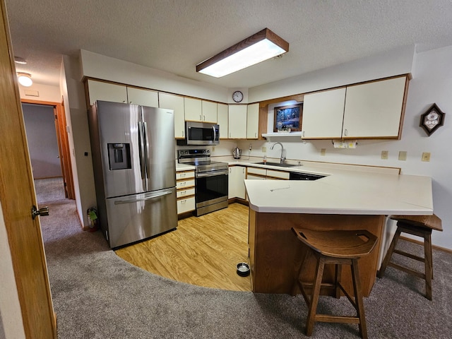 21965 Shady Walk Unit 201, Deerwood, MN 56444 - kitchen featuring appliances with stainless steel finishes, light colored carpet, a textured ceiling, a peninsula, and light countertops