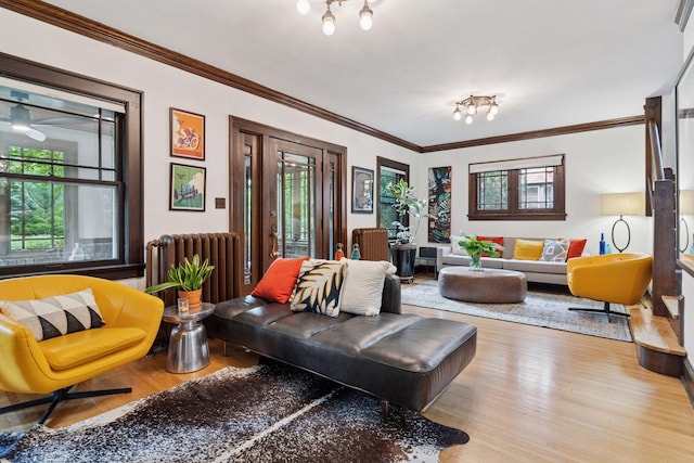 1295 Fairmount Ave, Saint Paul, MN 55105 - living area with radiator heating unit, wood finished floors, and crown molding