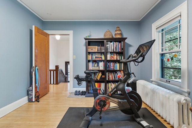 1295 Fairmount Ave, Saint Paul, MN 55105 - exercise area with wood finished floors, radiator, and ornamental molding