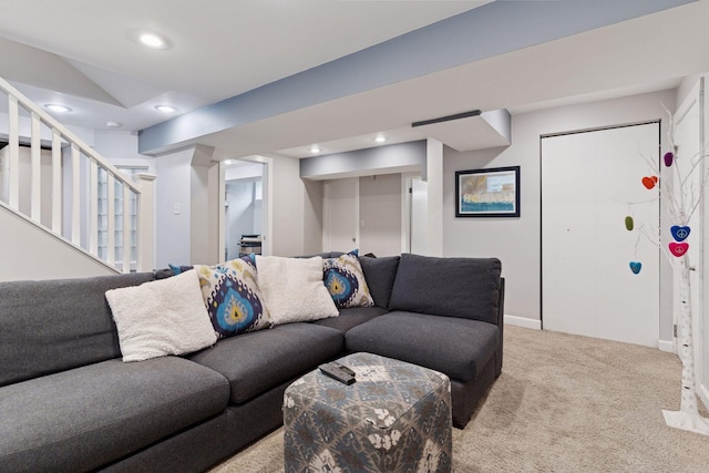 1295 Fairmount Ave, Saint Paul, MN 55105 - living area with carpet floors, recessed lighting, and stairway