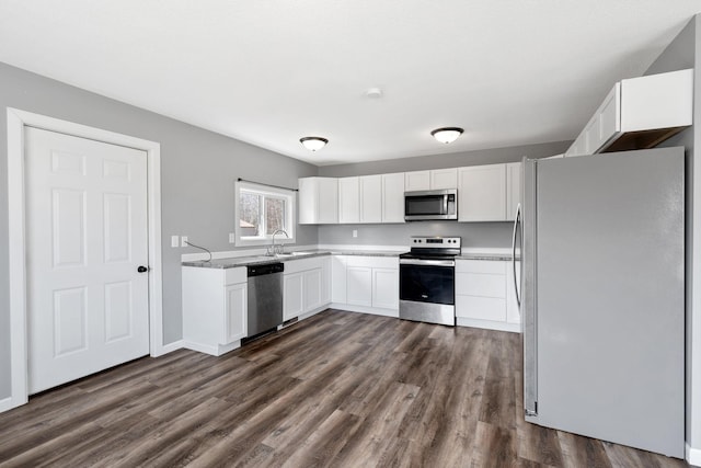 kitchen featuring a sink, white cabinetry, appliances with stainless steel finishes, and dark wood-style flooring