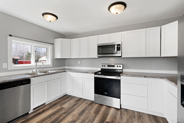 kitchen with white cabinetry, a sink, dark wood-type flooring, and appliances with stainless steel finishes