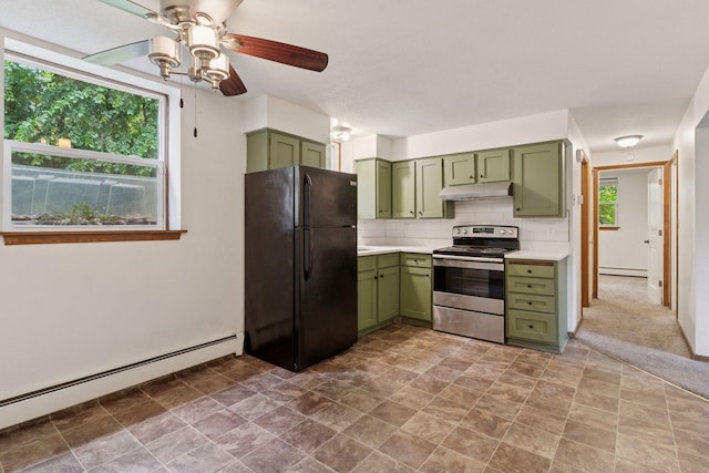 84 Logan Ave W, West Saint Paul, MN 55118 - kitchen with green cabinetry, stainless steel range with electric stovetop, freestanding refrigerator, under cabinet range hood, and a baseboard heating unit