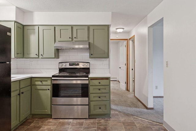 84 Logan Ave W, West Saint Paul, MN 55118 - kitchen featuring green cabinets, electric range, under cabinet range hood, and light countertops