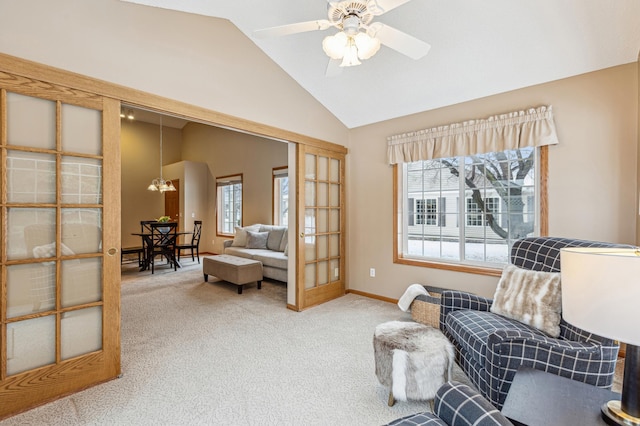 3621 Lansing Ave NE, Saint Michael, MN 55376 - sitting room with carpet, a chandelier, a ceiling fan, and high vaulted ceiling