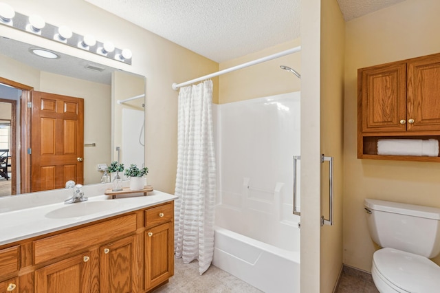 3621 Lansing Ave NE, Saint Michael, MN 55376 - bathroom featuring vanity, shower / bath combo, a textured ceiling, and tile patterned floors