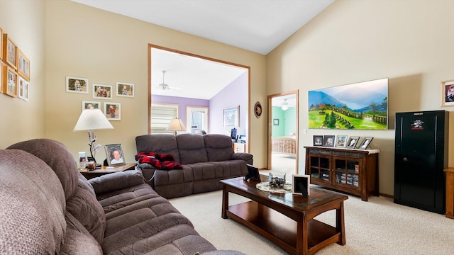 112 Sandpiper Cir, Hastings, MN 55033 - living area with lofted ceiling, ceiling fan, and light colored carpet