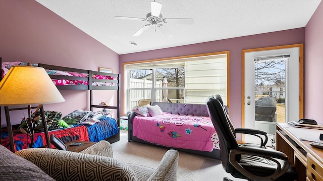 112 Sandpiper Cir, Hastings, MN 55033 - carpeted bedroom with lofted ceiling, a ceiling fan, an office area, and a textured ceiling