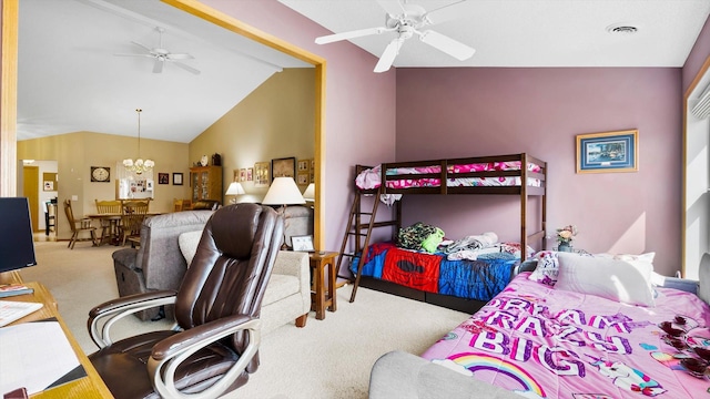 112 Sandpiper Cir, Hastings, MN 55033 - bedroom with carpet flooring, vaulted ceiling, a chandelier, and a ceiling fan