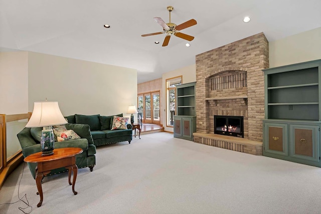 3931 Crestview Dr, Chanhassen, MN 55331 - living room with ceiling fan, carpet floors, a brick fireplace, and recessed lighting