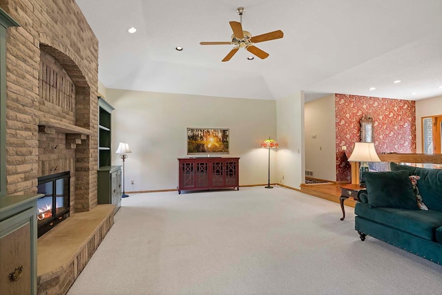 3931 Crestview Dr, Chanhassen, MN 55331 - living area with ceiling fan, a fireplace, wallpapered walls, carpet floors, and recessed lighting