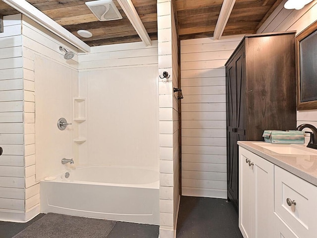 21327 Keyview Rd, Grand Rapids, MN 55744 - bathroom with wooden walls, wood ceiling, beamed ceiling, bathtub / shower combination, and vanity