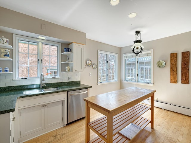 25 Benhill Rd, Saint Paul, MN 55105 - kitchen with open shelves, stainless steel dishwasher, tasteful backsplash, light wood-style floors, and recessed lighting