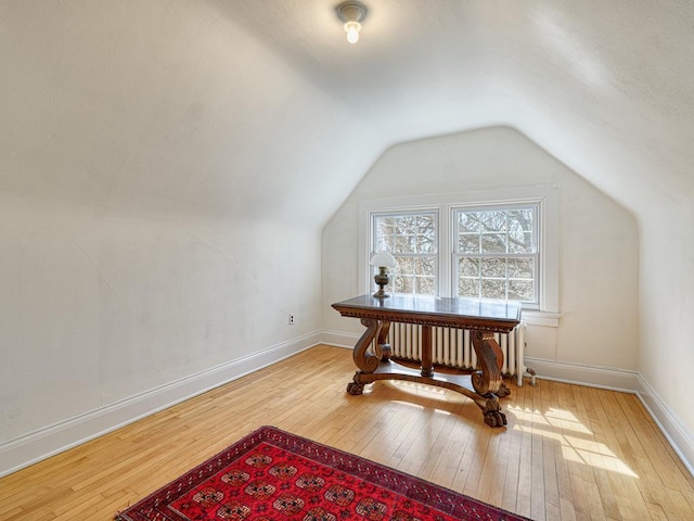 25 Benhill Rd, Saint Paul, MN 55105 - home office with hardwood / wood-style flooring, vaulted ceiling, and radiator heating unit