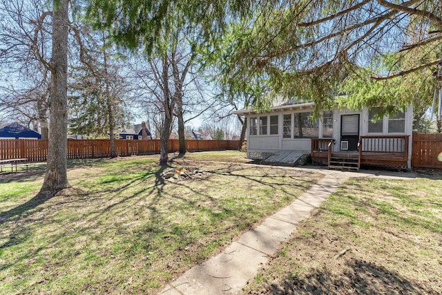 view of yard featuring a wooden deck and a fenced backyard