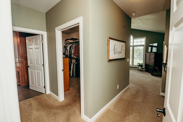 241 Cottonwood Cv, Lynd, MN 56157 - corridor featuring baseboards, lofted ceiling, and carpet