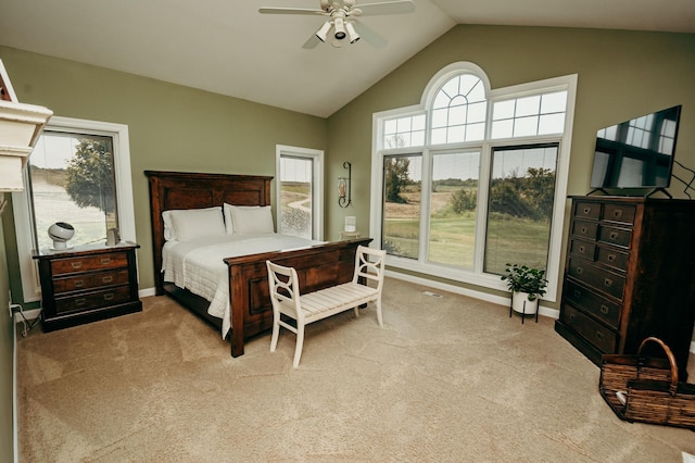 241 Cottonwood Cv, Lynd, MN 56157 - bedroom featuring baseboards, vaulted ceiling, ceiling fan, and carpet flooring