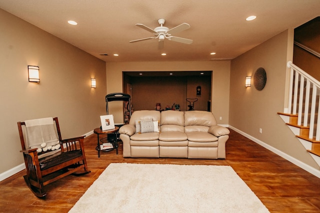 241 Cottonwood Cv, Lynd, MN 56157 - living room featuring stairs, wood finished floors, recessed lighting, and a ceiling fan