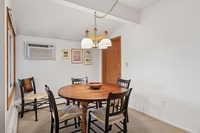 dining space with carpet flooring, an inviting chandelier, baseboards, vaulted ceiling, and a wall mounted AC