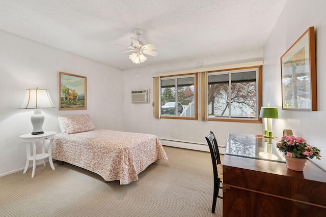 carpeted bedroom with baseboards, an AC wall unit, a textured ceiling, a baseboard heating unit, and a ceiling fan