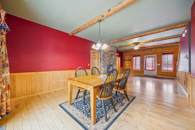 dining space featuring wood-type flooring, wainscoting, beam ceiling, and ceiling fan