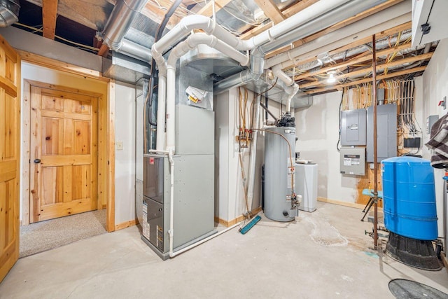 unfinished basement featuring electric panel, gas water heater, baseboards, and heating unit