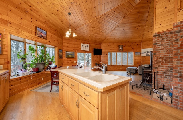 34130 Deer Lake Rd, Grand Rapids, MN 55744 - kitchen featuring a wood stove, a sink, open floor plan, wood walls, and light countertops
