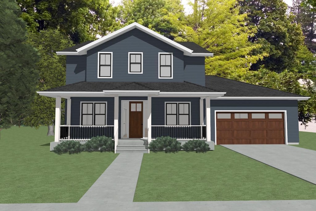 view of front of home featuring an attached garage, covered porch, concrete driveway, and a front yard