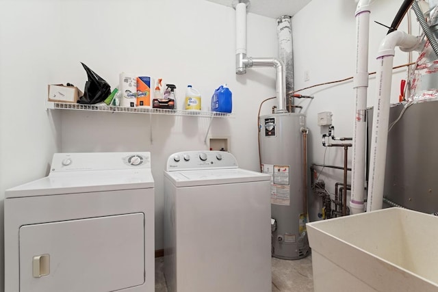 laundry room with water heater and independent washer and dryer