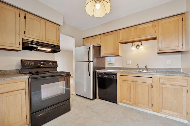 kitchen featuring under cabinet range hood, a sink, light brown cabinets, and black appliances