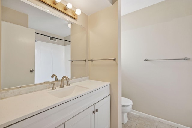 full bath with vanity, visible vents, toilet, tile patterned floors, and baseboards